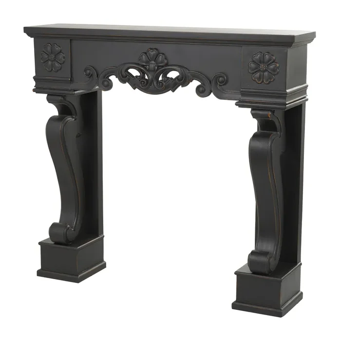 Deco 79 Wood Scroll Freestanding Fireplace Mantle with Floral Accents, 45″ x 10″ x 43″, Black