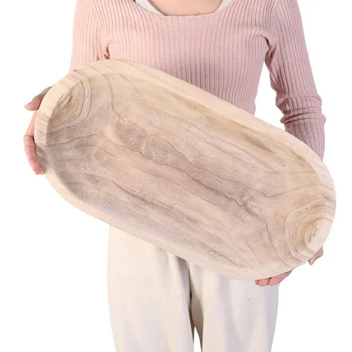 Decorative Wooden Dough Bowl Hand-Carved Long Wood Bowl for Farmhouse Home Decor, Table Centerpiece, Dining Room, and Kitchen (Natural Finish, 21 Inch)