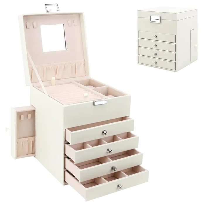 DesignSter Jewelry Organizer Box, 5 Layers Jewelry Box with side compartment, Large Leather Jewelry Storage Case With Mirror For Necklaces Earrings