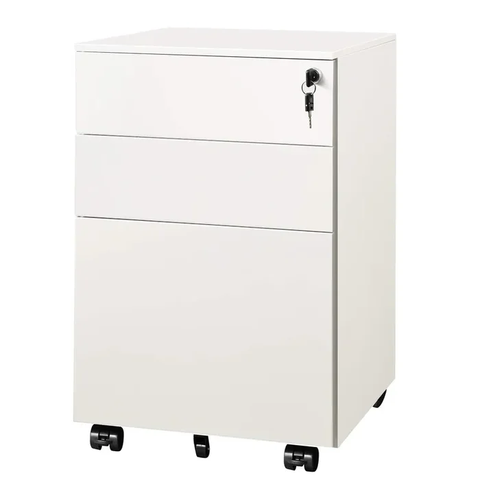 DEVAISE Locking File Cabinet, 3 Drawer Rolling Pedestal Under Desk Office, Fully Assembled Except Casters, White