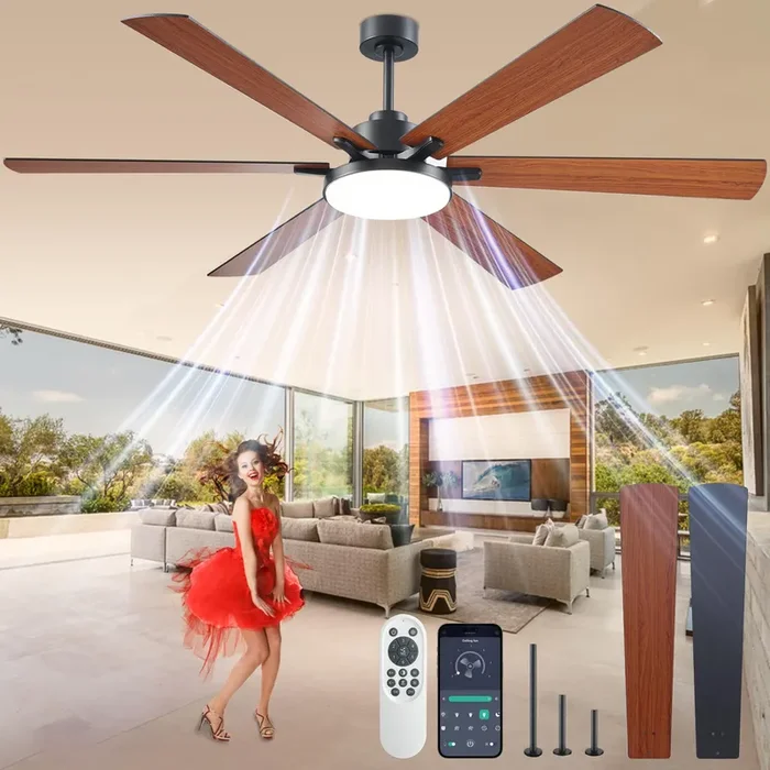 DIAMONDFORGE 72 inch Ceiling Fans with Lights and Remote Control,Indoor/Outdoor Flush Mount Low Profile Commercial Reversible Dimmable Wood Grain Ceiling Fans for Living Room Patio Industrial Shop.