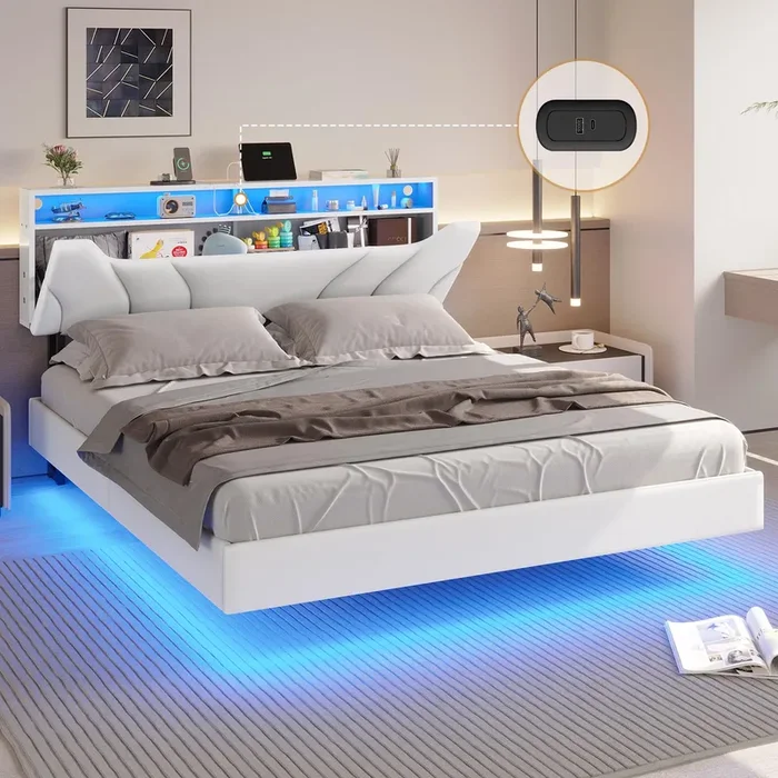 DICTAC Full Size Floating Bed Frame with LED Lights, USB & Type-C Ports – Modern Upholstered Platform with Hidden Storage and Noise-Free Design