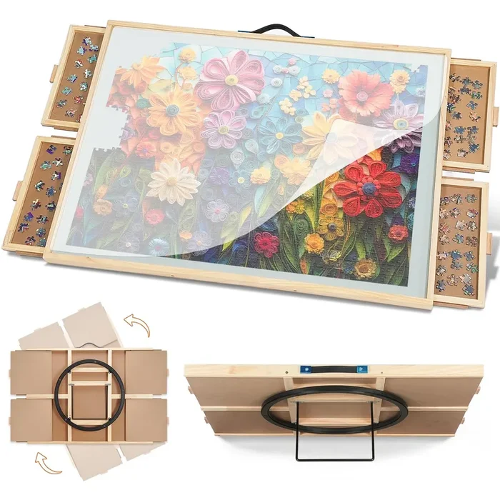 DIKASHI Tilting & Rotating Puzzle Board for 2000 Pieces, 40.16″ × 28.5″, Portable Jigsaw Puzzle Table for Adults with 4 Drawers & Protective Cover & Non-Slip Tabletop, Ideal Gift for Mum
