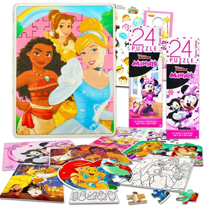 Disney Puzzle Activity Set for Girls – Bundle with 10 Jigsaw Puzzles for Girls Featuring Princesses, Minnie Mouse Plus Stickers | Disney Princess Puzzles for Kids 4-6