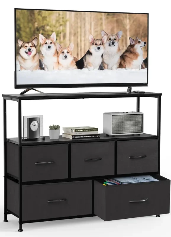 DUMOS TV Stand Dresser for Bedroom Entertainment Center with 5 Fabric Drawers Storage Organizers Units, Media Console Table with Open Shelf up for 45″ Television for Living Room, Dorm, Classic Black