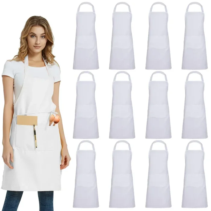 DUSKCOVE 12 Pack Plain Bib Aprons with 2 Pockets – White Unisex Commercial Apron Bulk for Kitchen Cooking Restaurant BBQ Painting Crafting