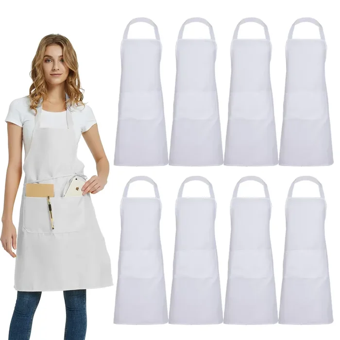DUSKCOVE 8 Pack Bib Aprons Bulk – Unisex White Commercial Apron with 2 Pockets for Kitchen Crafting BBQ Drawing Cooking