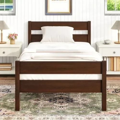 Duxelifin Twin Bed Frames Wood, Wood Twin Bed Frame with Headboard and Footboard, Platform Bed for Bedroom, Guset Room, No Box Spring Needed, Espresso