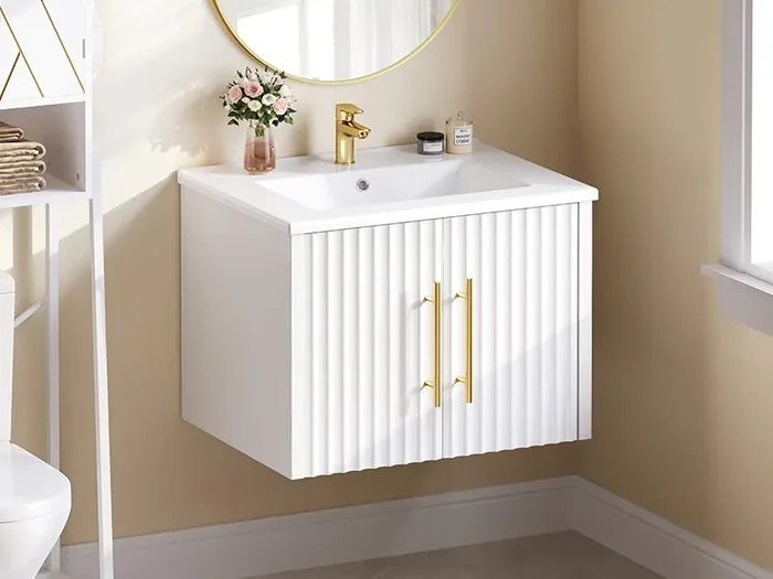 DWVO 24″ Small Bathroom Vanity with Sink Combo Set, Wall Mounted Cabinet with Ceramic Sink, Modern Floating Bathroom Cabinet, Double Soft-Close Doors, White