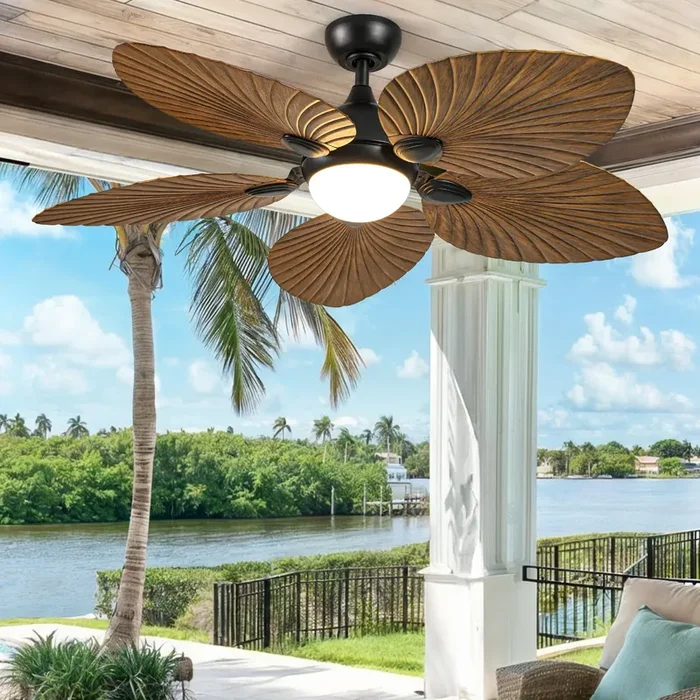 DWVO 52″ Tropical Ceiling Fan with Light & Remote, LED Tri-Color Temperature, 5 Blade Ceiling Fans Reversible 6 Speeds w/Quiet DC Motor for Bedroom, Living Room, Dining Room, Patio
