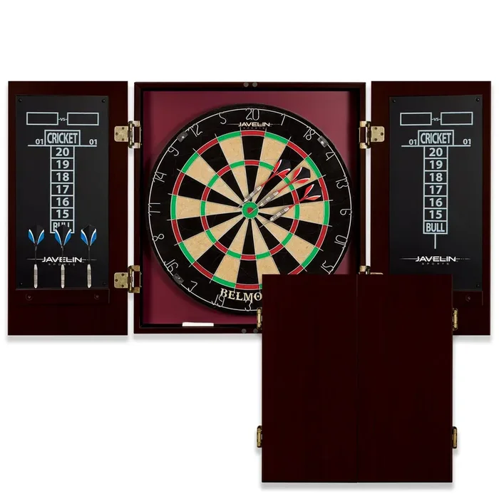 EastPoint Sports Belmont Official Size Dart Board Cabinet Set – Easy-Assembly & Complete with 6 Deluxe Steel Tip Darts and Accessories – Premium Darts Set with Scoreboard for Bar Games & Indoor Games