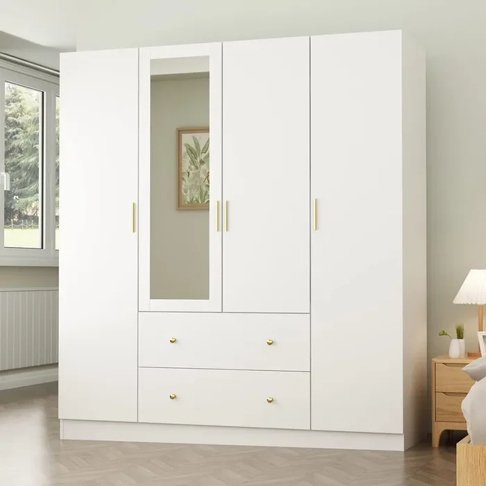 ECACAD Wardrobe Armoire with Mirror, 5-Tier Shelves, 2 Drawers, 2 Hanging Rods and 4 Doors, Wooden Closet Storage Cabinet for Bedroom, White (63”W x