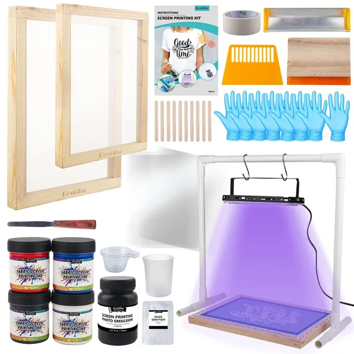 Ecoofor 47pcs All-in-One Set with 50W UV Exposure Lamp,2 Size Wood Screen Printing Frames, 4 Colors Screen Printing Ink, 10 A4 Size Inkjet Transparency Films