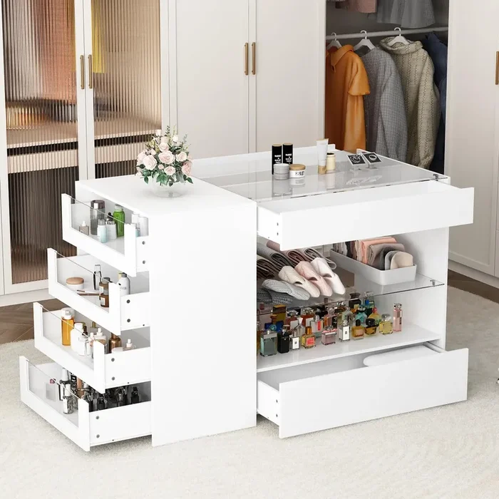 Elegant White Homsee Wardrobe Armoire with Glass Top and 6 Drawers for Stylish Storage