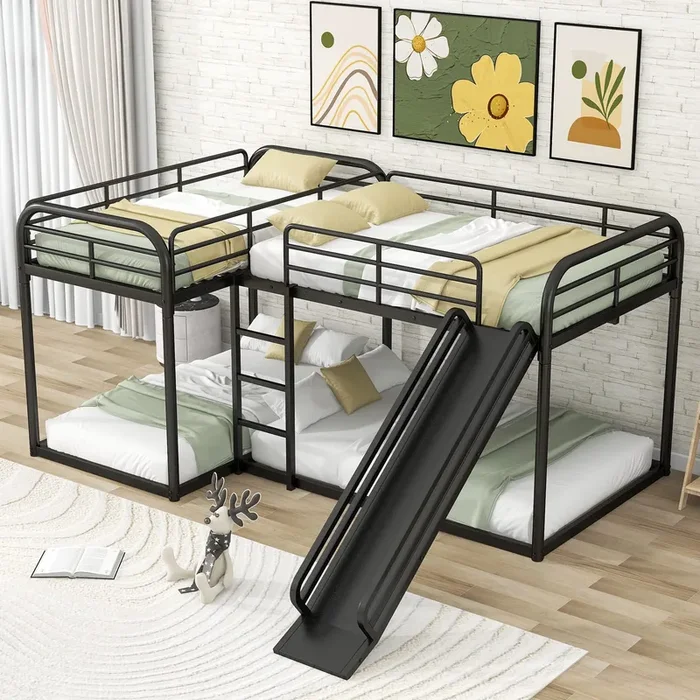 EMKK L-Shaped Bunk Bed for 4 with Slide, Floor Wooden Quad Bedframe, Full and Twin Size Bunk Bed for Kids/Teens/Adults Bedroom,Metal Quad Bunk Beds, Metal Loft Bed