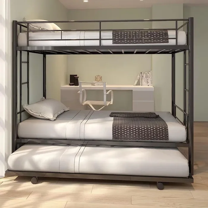 EMKK Twin Over Twin Bunk Bed with Trundle,Metal Triple Bunk Beds w/Two Side Ladders & Safety Guard Rail,3 in 1 Bunk Beds for Kids Teens, No Box Spring Needed Metal Bunkbed,Can be Divided Into Two Beds