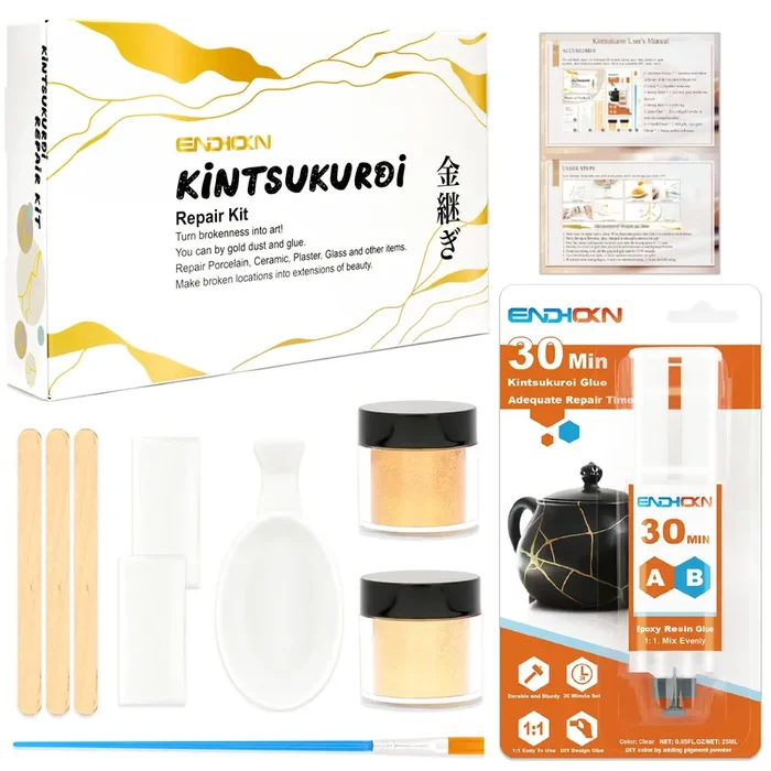 Endhokn Kintsukuroi Gold Repair Kit 25ml, Epoxy Glue 30 Minutes Beginner DIY Art Kit and Gift Set, Beautify Porcelain, Ceramics, Glass