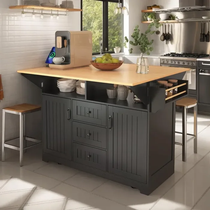 eodme Kitchen Island with 2 Drop Leaf, Home Cart Island on Wheels Foldable Dining Table with Power Outlets,3 Drawers,Storage Cabinet, Tower Rack(Black)