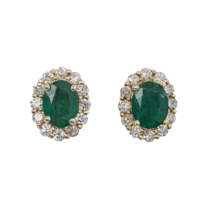 Estate Oval Emerald & Diamond Cluster 14K Gold Stud Earrings