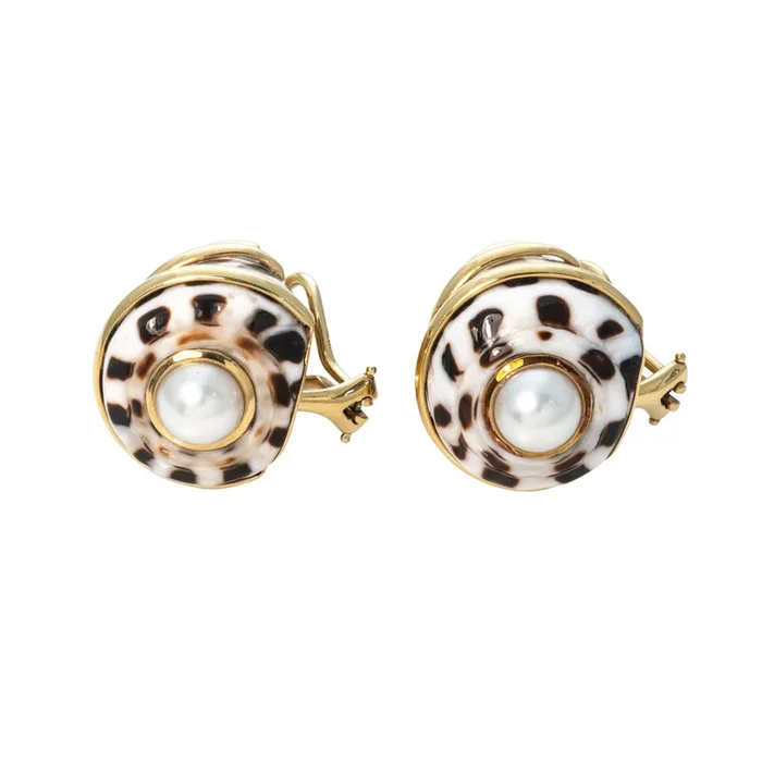 Estate Trianon Cone Shell & Pearl 18K Gold Clip Earrings