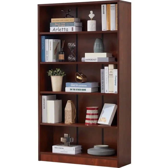 Farini Cherry Bookshelf 5 Shelf Office Bookcase 60 Inches Tall Modern Wood Bookshelf for Living Room Office