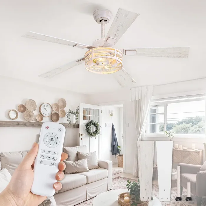 Farmhouse Ceiling Fans with Light, 48 Inch Bedroom Ceiling Fan with Lights, 6-Speed Adjustable, Quiet and Reversible DC Motor, 5 Dual Finish Blades, Rustic Caged Ceiling Fan，White and Gold Color