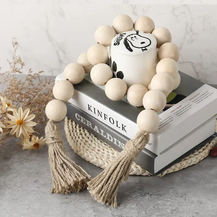 Farmhouse Decor Large Wood Bead Garland 50inch long with 1.6″ Diameter beads, Natural Wooden Beads Decor with Tassels Decorative Boho Country Decoration for Coffee Table Home Tiered Tray Wall Hanging