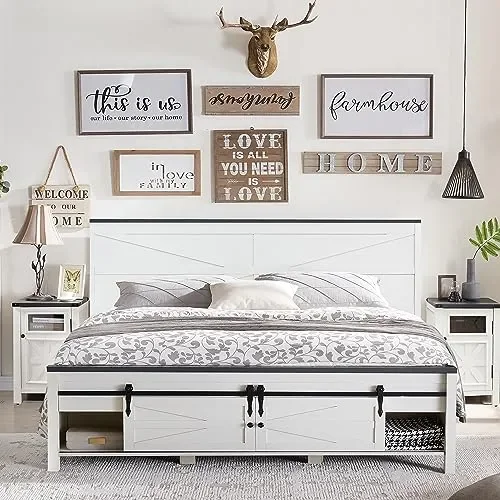 Farmhouse King Size Bed Frame with Sliding Barn Door Storage – JXQTLINGMU Antique White