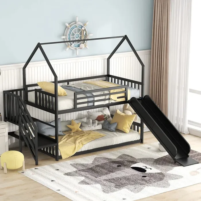 Favfurish Twin Over Twin-Size Metal Bunk Bed House-Shape-Bed with Slide and Staircase,No Box Spring Needed, Easy to Install, for Kids, Girls, Boys,Black