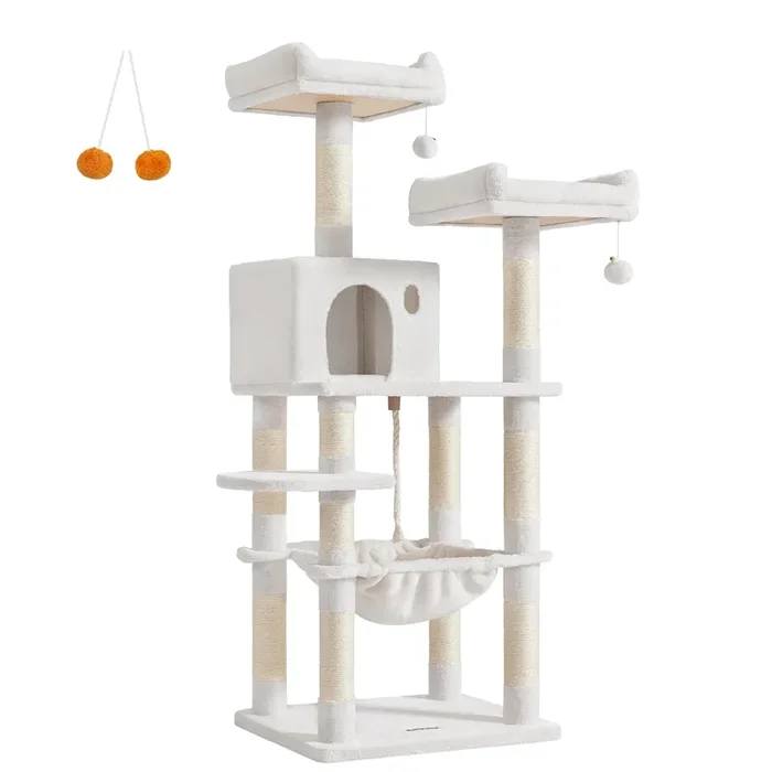 Feandrea Cat Tree, 56.3-Inch Cat Tower for Indoor Cats, Multi-Level Cat Condo with 11 Scratching Posts, 2 Perches, Cave, Hammock, Cream White UPCT015W02
