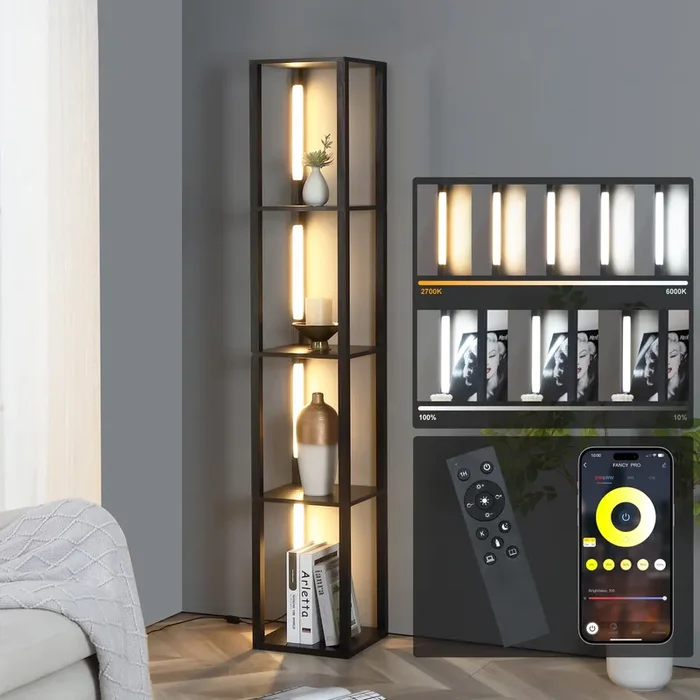 FENLO LED Floor Lamp with Shelves Fancy Pro, Dimmable Display Shelf Lamp with Color Temperature Control, App & Remote, Bright Long-Lasting Integrated LED