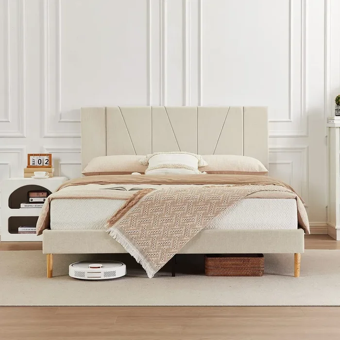 Flolinda Full Size Bed Frame Upholstered Platform with Complete Headboard and Strong Wooden Slats, No Box Spring Needed, Easy Assembly,Beige