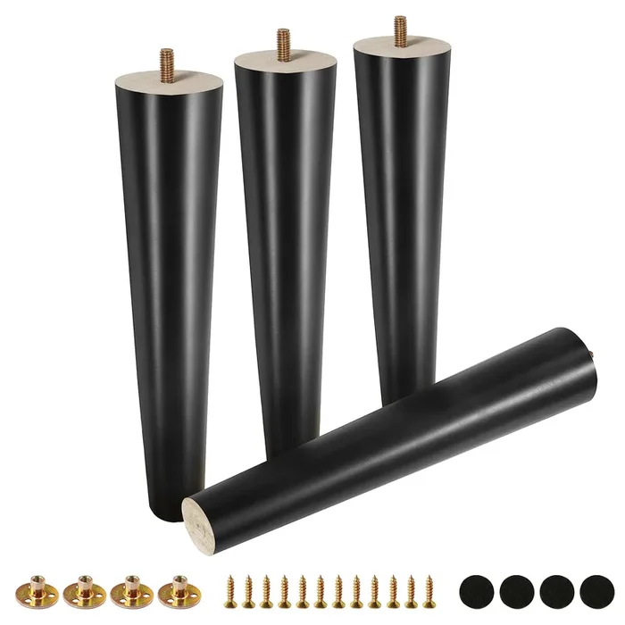 FoDau770 Black Rubber Wood Furniture Legs 12 Inch, Straight Tapered Wood Legs Mid Century Sofa Legs Set of 4, 5/16″ UNC Furniture Feet Replacement Legs for Cabinet Sofa Couch Dresser Chair Ottoman