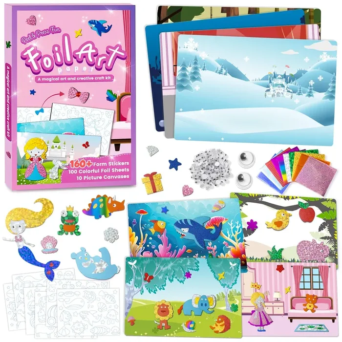 Foil Art Kit for Kids – Foil Art Crafts Princess Animals DIY Toy Set No Mess Craft Toys for Kids Activity Kits for Ages 4 5 6 7 8 9 Girls and Boys Travel Toys Christmas Birthday Easter Gifts