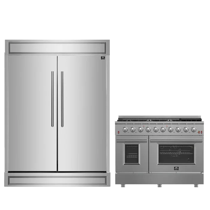 FORNO Premium 2-Piece Kitchen Bundle – Galiano 48″ Stainless Steel Gas Range, Forno Maderno 2-28 ” Wide Units with Decorative Trim – FBDL-018-03CAUS