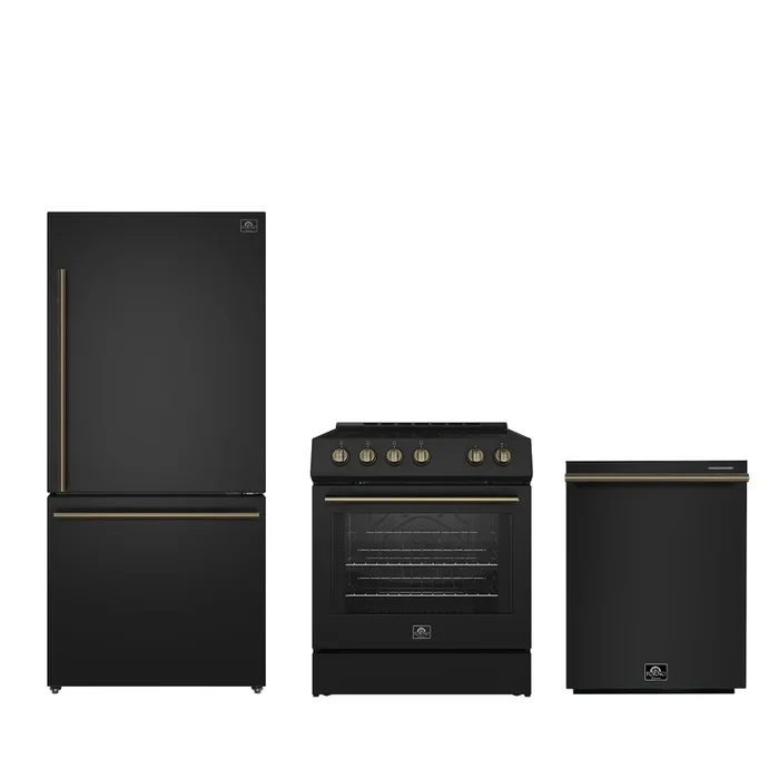 FORNO Premium 3-Piece Kitchen Bundle – Leonardo Espresso 30″ Black Range, 31″ Black Bottom Freezer Refrigerator, 24″ Black Built-In Dishwasher – FBDL-007-02US