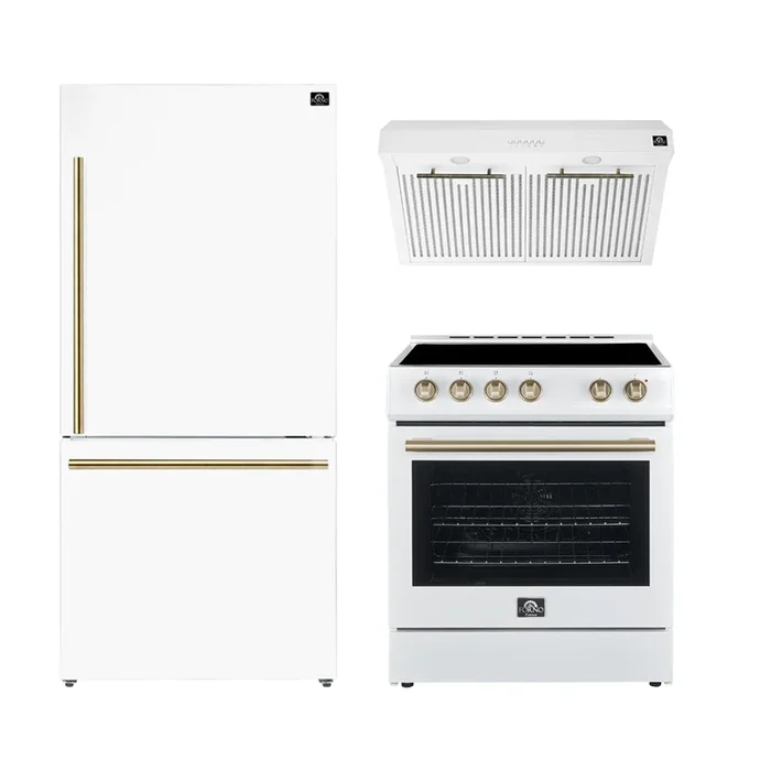 FORNO Premium 3-Piece Kitchen Bundle – Leonardo Espresso 30″ White Range, 30″ White Range Hood, 31″ White Bottom Freezer Refrigerator – FBDL-001-03US
