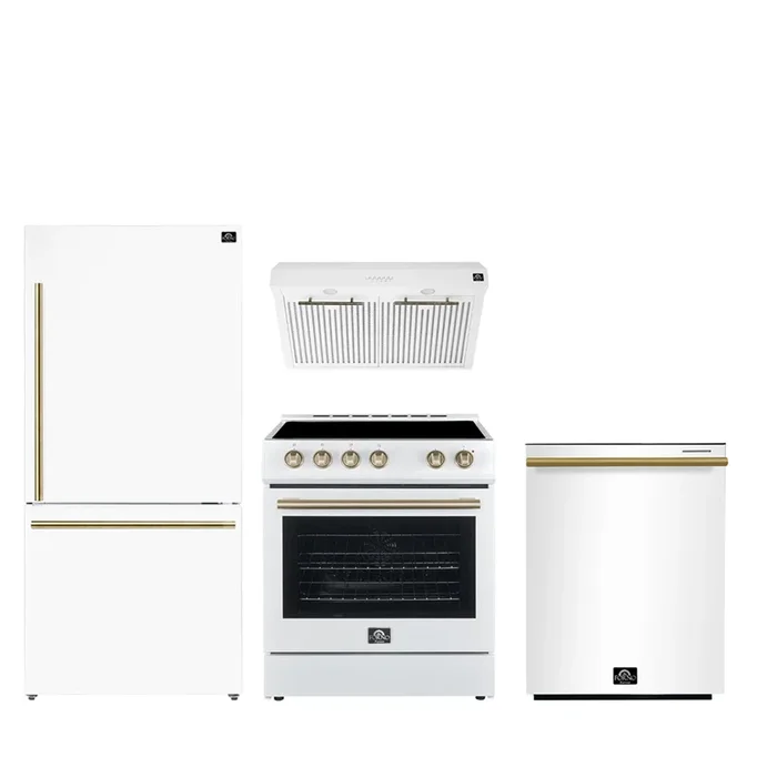 FORNO Premium 4-Piece Kitchen Bundle – Leonardo Espresso 30″ White Range, 30″ White Range Hood, 31″ White Bottom Freezer Refrigerator, 24″ White Built-In Dishwasher – FBDL-006-03US