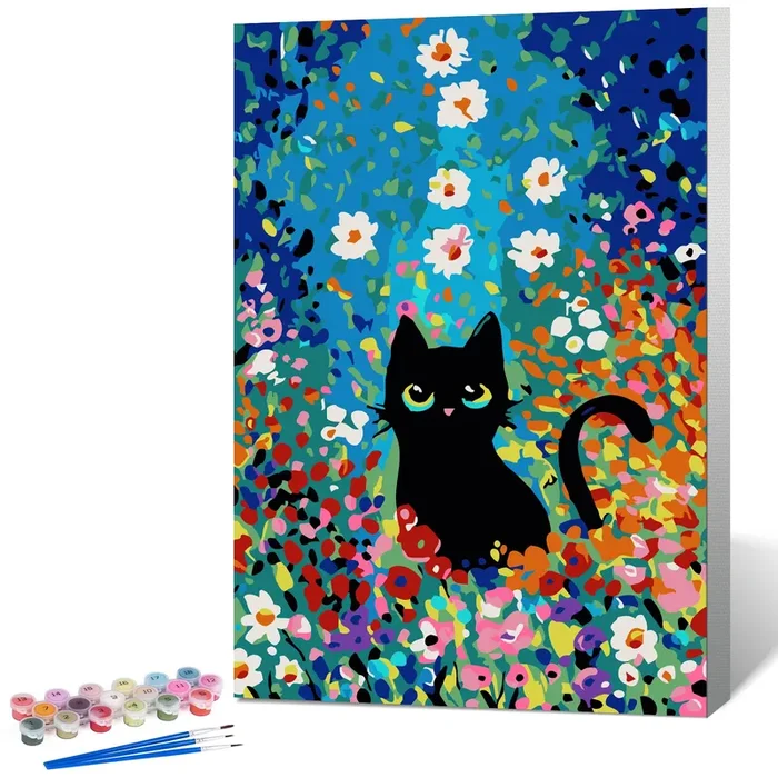 Fountor Paint by Numbers Kit for Adults Beginner & Kids Ages 8-12 with Wooden Frame Easy Acrylic on Canvas 8×12 inch with Paints and Brushes, Paint by Numbers Flowers Cat for Gift Home Wall Decor