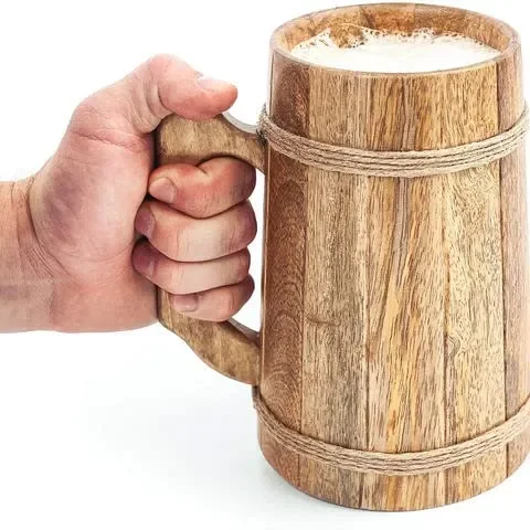 Frescorr Wooden Beer Mugs, 100% Authentic and HANDWADE, Top Grade Natural Handmade Retro Brown Wood mug with Handle for Drinking Tea Coffee Wine Beer Hot, cold Drinks, 17-18oz