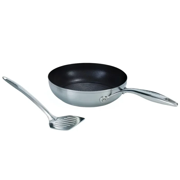 Frying Pan in Stainless Steel with Slotted Turner – Non Stick – 24 cm