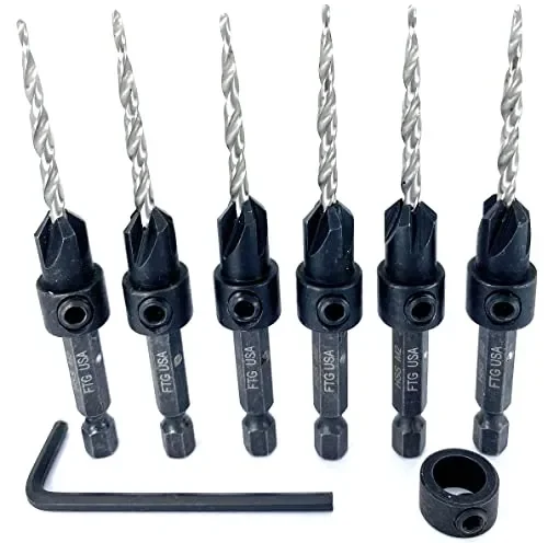 FTG USA Countersink Drill Bit Set 6 Pc #6 (9/64″) Wood Countersink Drill Bit Pro Pack Countersink Set, Tapered Countersink Bit, 1 Stop Collar, Hex