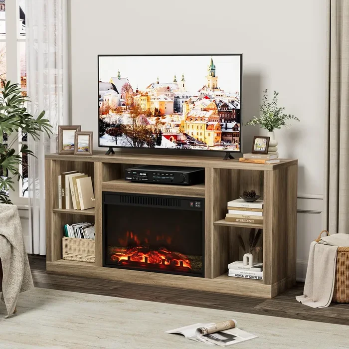 Furniwell Fireplace TV Stand for 65 Inch TV, Media Entertainment Center Console Table with 26″ Electric Fireplace, Farmhouse TV Stand with Storage Cabinet for Living Room (Natural)