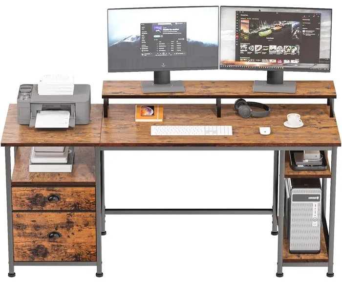 Furologee 61″ Desk with Fabric File Drawer, Reversible Computer Desk with Shelves and Drawer, Industrial Writing Desk with Monitor Stand, Long Study Table Workstation for Home Office, Rustic Brown