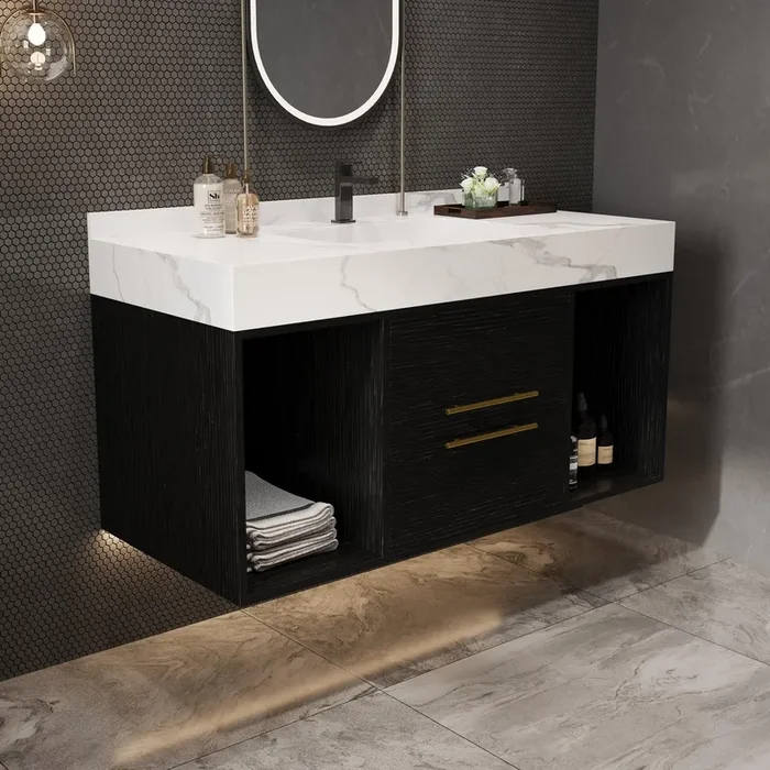 GAFFERIT 39.4″ Bathroom Vanities with Ceramic Sink,Floating Bathroom Vanity,Wall Mounted Storage Cabinet with 2 Drawers and 2 Storage Spaces,Modern Bathroom Sink Cabinet with Metal Handles (Black)