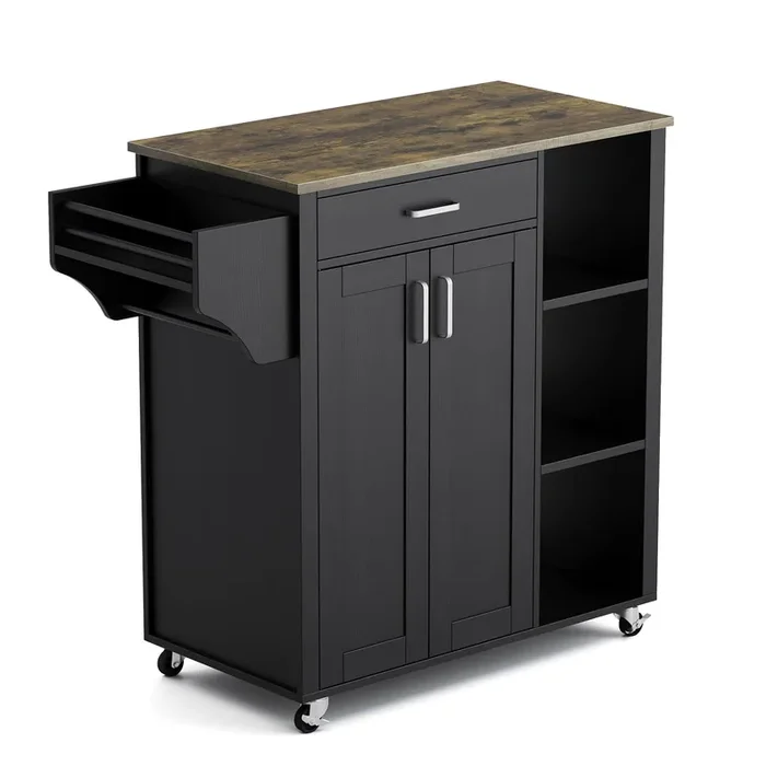 GarveeHome Mobile Rolling Island Cart for Kitchen, Kitchen Island on Wheels with Spice Rack& Drawer & Open Shelves & Towel Rack, Microwave Cart for Kitchen, Dining Room, 34.84″ x 18.89″ x 37″, Black