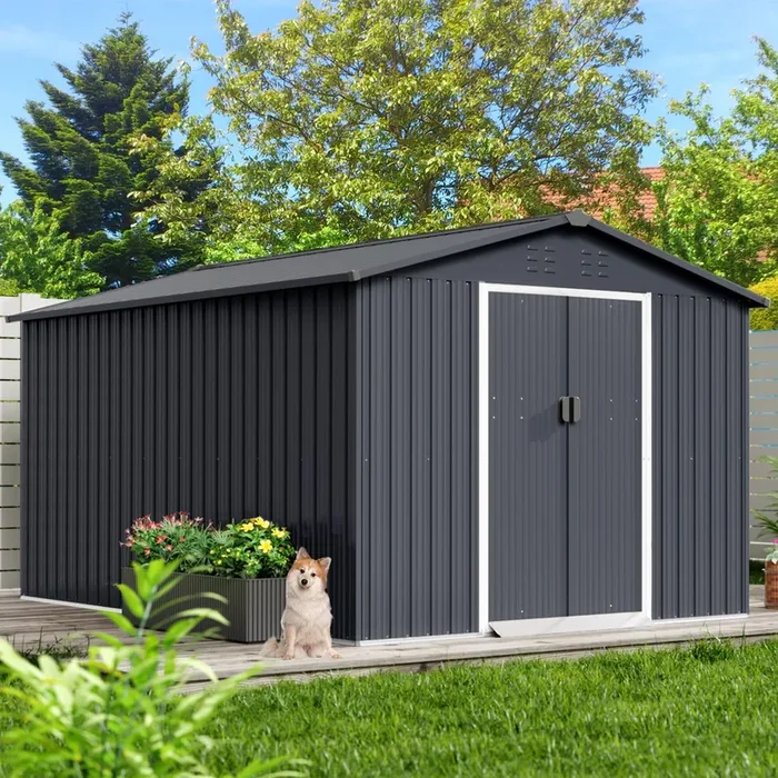 GarveeLife 8×15 Ft Outdoor Storage Shed, Steel Utility Tool Shed with Sloped Roof & Lockable Door, Backyard Garden Patio Lawn Outdoor Shed for Organising Tools and Equipment in Yard, Garden, Grey