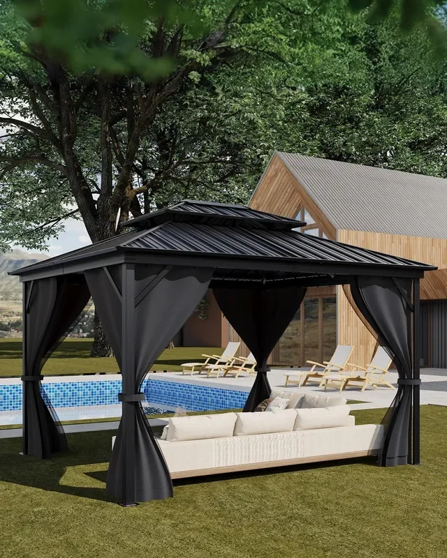 GarveeLife Hardtop Gazebo 12’x14′ for All Weather, with Double Metal Roof, Aluminum Alloy Frame, Net, and Curtain, Permanent Building for Patio, Deck, Backyard, Lawn, and Garden, Gray