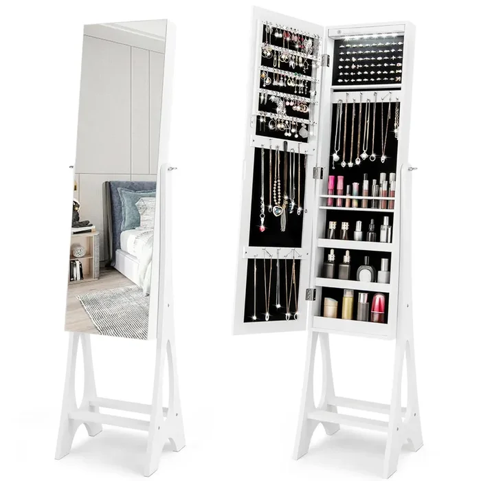 Giantex 12 LED Jewelry Armoire Cabinet with Frameless Full-length Mirror, Standing Jewelry Cabinet Organizer with 16 Lipstick Holders, Large Storage Capacity, 3 Angles Adjustable (White)