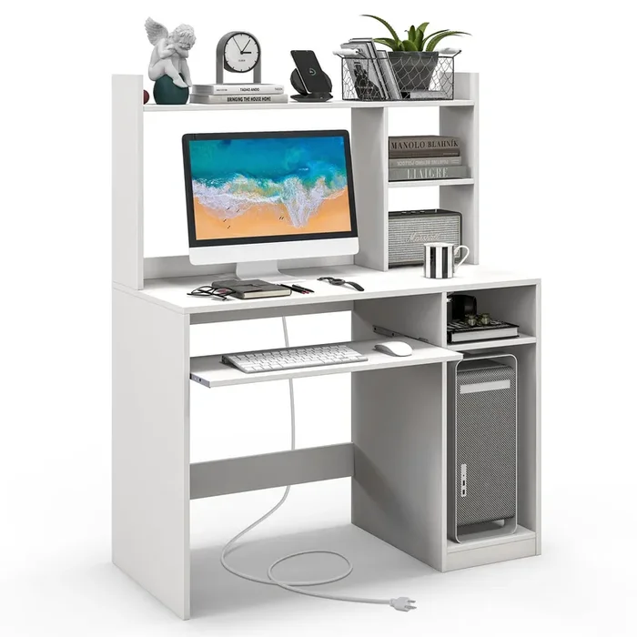 Giantex 43.5″ Modern Computer Desk with Power Outlet, Keyboard Tray & Storage for Home Office